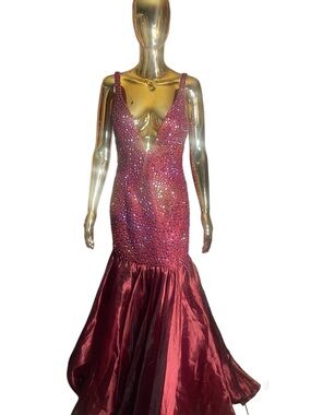 Sherri Hill Burgundy Rhinestone Mermaid Gown